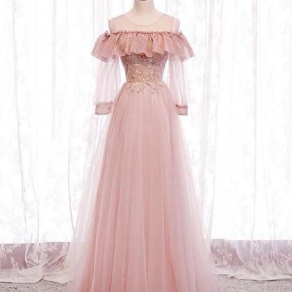 Pink Round Neck Tulle Lace Long Prom Dress Pink..