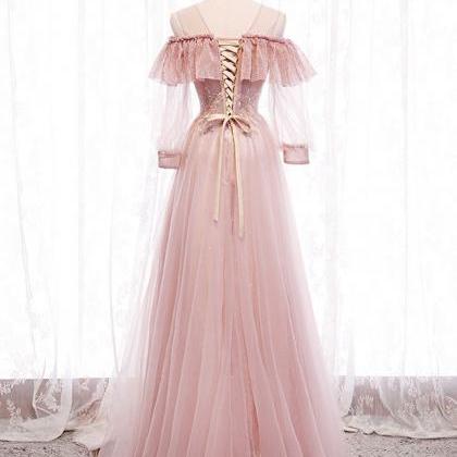 Pink Round Neck Tulle Lace Long Prom Dress Pink..
