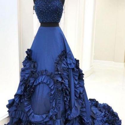 Two Pieces Royal Blue Long Prom Dress, Evening..