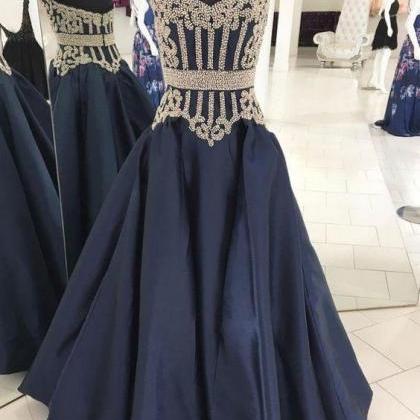 Dark Blue Sweetheart Neck Beads Long Prom Dress,..