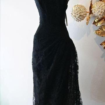 Vintage Cocktail Dresses Black Lace Prom Dress..