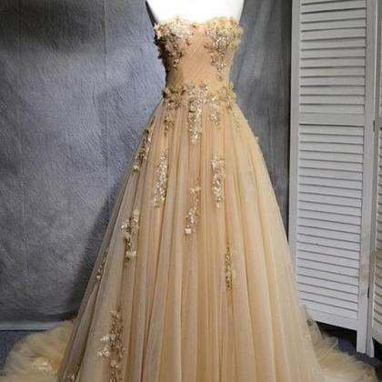 Beautiful Champagne Tulle Party Dress, Long..