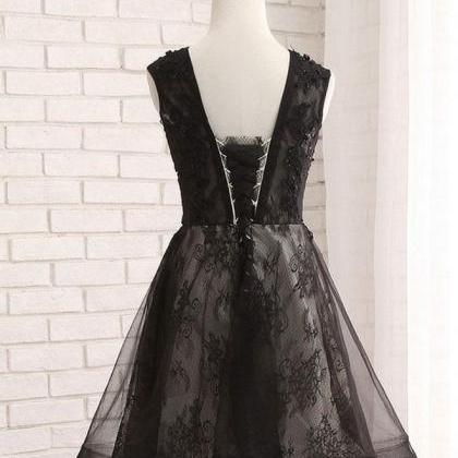 Black Lace Short Prom Dress, Black Evening..