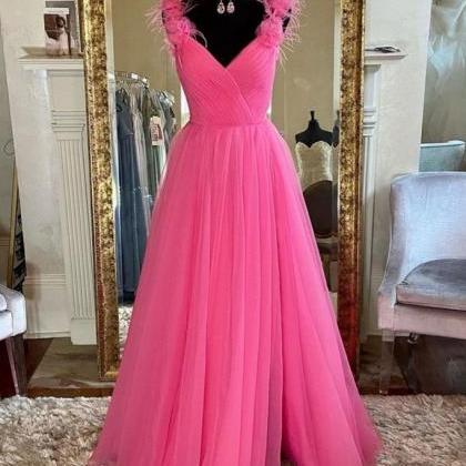A Line V Neck Pink Tulle Long Prom Dress With..