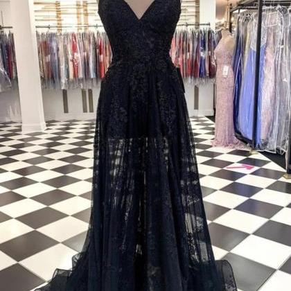 A Line V Neck Long Black Lace Prom Dress, Black..