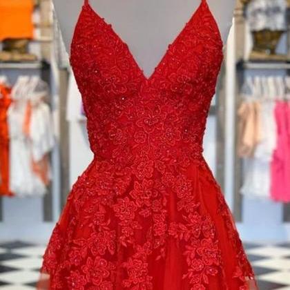 A Line Spaghetti Straps V Neck Red Lace Long Prom..