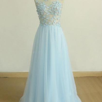 A Line Round Neck Baby Blue Lace Long Prom Dress..