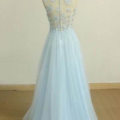 A Line Round Neck Baby Blue Lace Long Prom Dress..