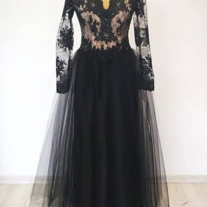 V Neck Long Sleeves Black Lace Long Prom Dress,..