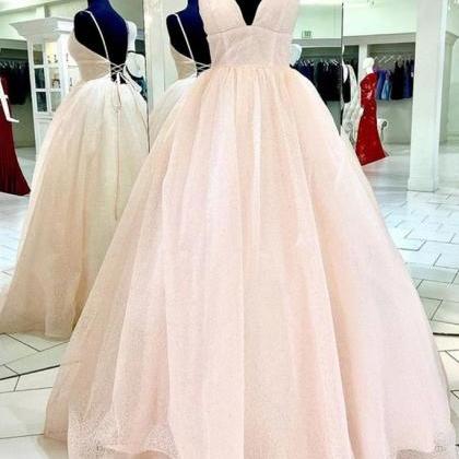 Shiny V Neck Backless Pink Long Prom Dress,..