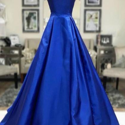 Simple A Line Royal Blue Satin Long Prom Dress,..