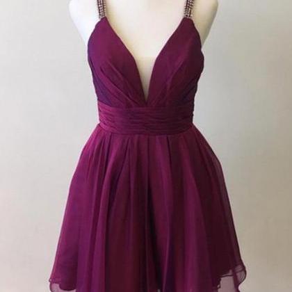Cute V Neck Purple Chiffon Short Prom Dresses..