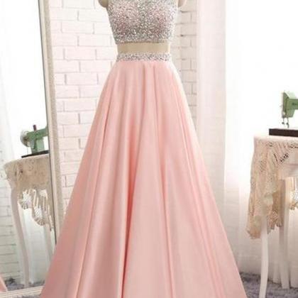 A Line Round Neck Two Pieces Beaded Pink Prom..