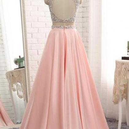 A Line Round Neck Two Pieces Beaded Pink Prom..