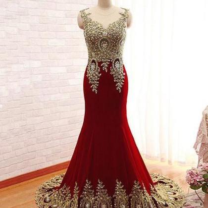Trendy Burgundy Strap Lace Appliques Mermaid Evening Gown SREAL223 main image 1