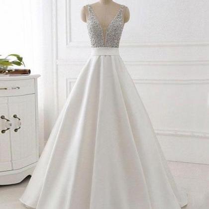 V Neck Backless White Prom Dress With Beads, V..