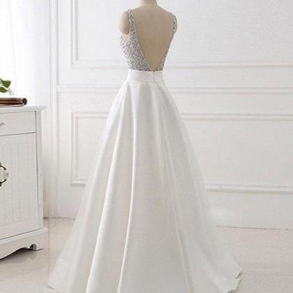 V Neck Backless White Prom Dress With Beads, V..