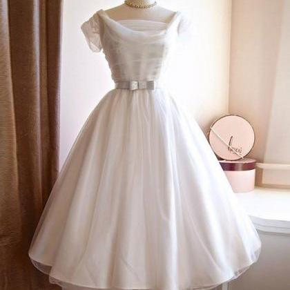 Round-neck White Tulle Short Retro Prom Dresses,..