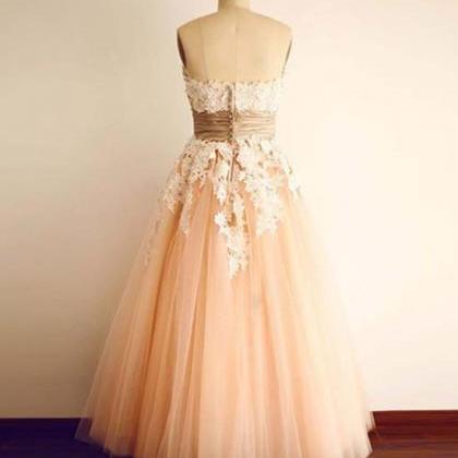 Champagne Tulle Lace Tea Pearl Prom Dresses, Lace..