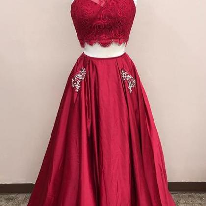 Burgundy Lace Top Two Pieces Floor Length A-line..