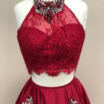Burgundy Lace Top Two Pieces Floor Length A-line..