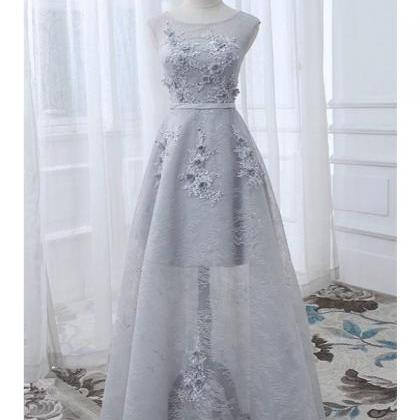 Grey Round Neck Evening Dress ,long Tulle Prom..