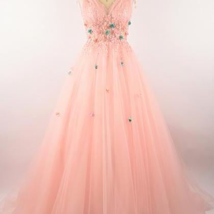 Pink Tulle Long Prom Dress,v Nekc Evening Gowns..