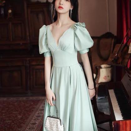 French Satin Evening Dress, Summer, Green..