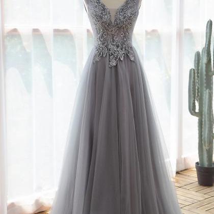 V-neck Prom Dress,gray Evening Dress With..