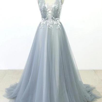 Simple Lace A-line Tulle Long Prom Dress With A..