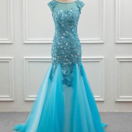 Tulle Scoop Mermaid Evening Dress With Beaded Lace..