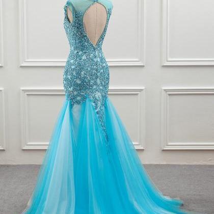 Tulle Scoop Mermaid Evening Dress With Beaded Lace..
