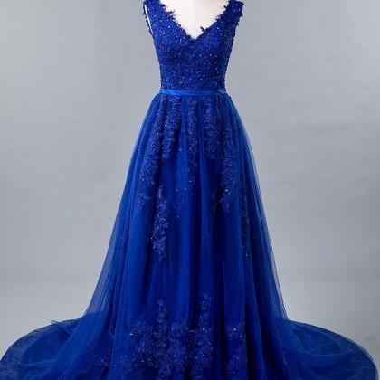 Blue Lace V-neck A-line Prom Dress With Beaded..