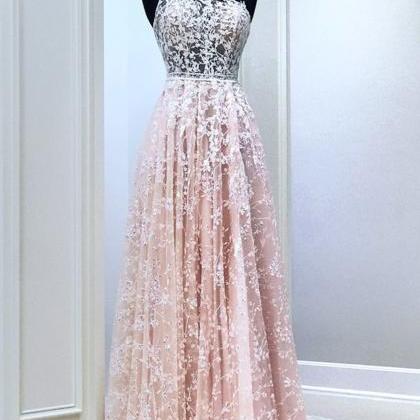 A Line One Shoulder Pink Lace Long Prom Dress,..