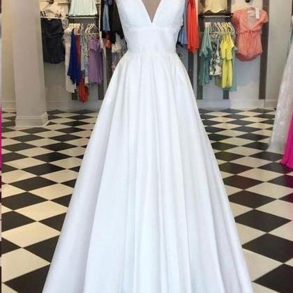 A Line V Neck Spaghetti Straps White Prom Dresses,..