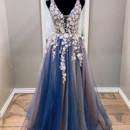 A Line V Neck Blue Lace Long Prom Dress, Long Blue..