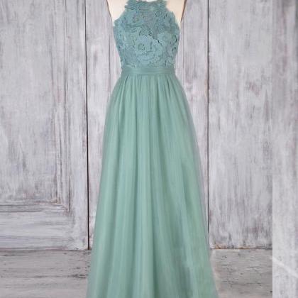 A Line Backless Lace Green Long Prom Dresses,..