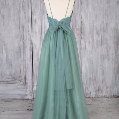 A Line Backless Lace Green Long Prom Dresses,..