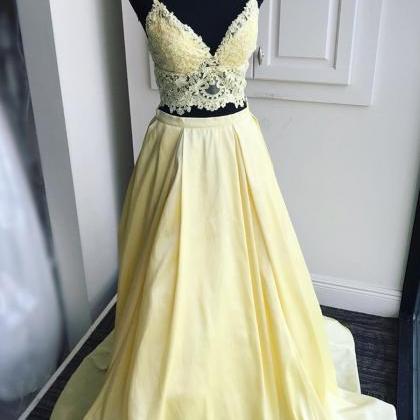 A Line V Neck Two Pieces Lace Top Yellow Prom..