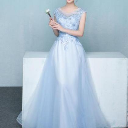 Light Blue Tulle With Flowers Lace Long Party..