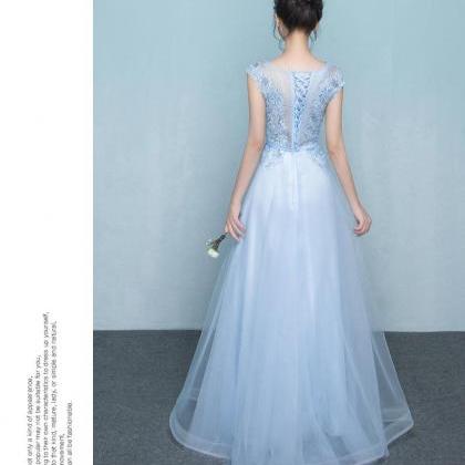 Light Blue Tulle With Flowers Lace Long Party..