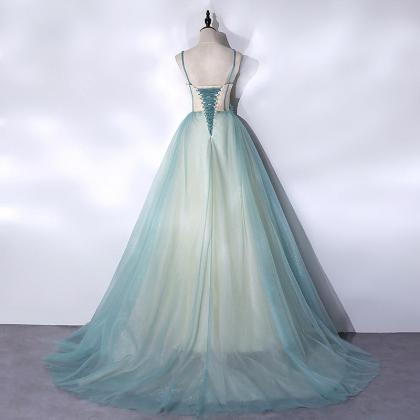 Mint Green And Champagne Long Tulle With Lace..