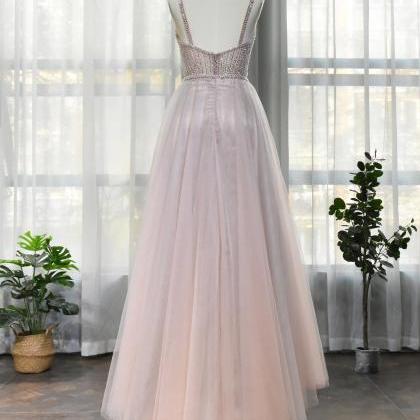 Light Pink Beaded Straps Tulle Floor Length Prom..