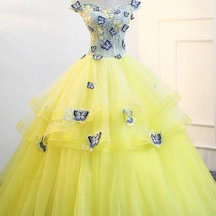 Beautiful Yellow Tulle Cap Sleeves Prom Dress,..