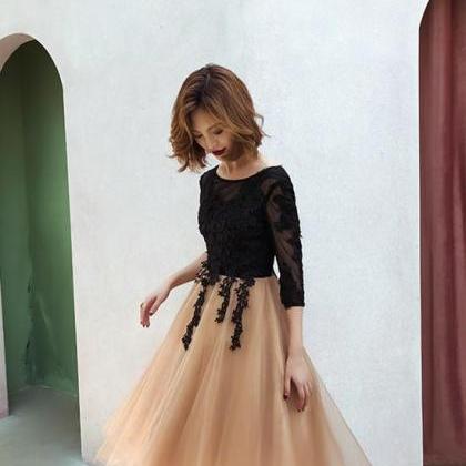 Lovely Champagne And Black Short Homecoming Dress,..