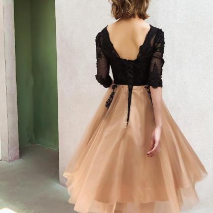 Lovely Champagne And Black Short Homecoming Dress,..