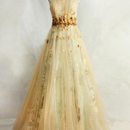 Elegant Champagne Tulle Long Round Neckline Party..