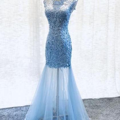 Sexy Blue Lace Mermaid Tulle Long Prom Dress,..
