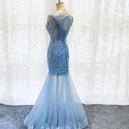 Sexy Blue Lace Mermaid Tulle Long Prom Dress,..