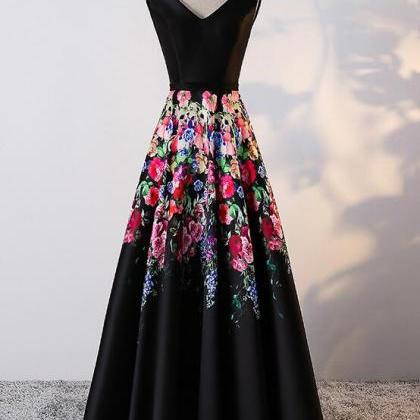 Black Floral Satin V-neckline Long Party Dress,..